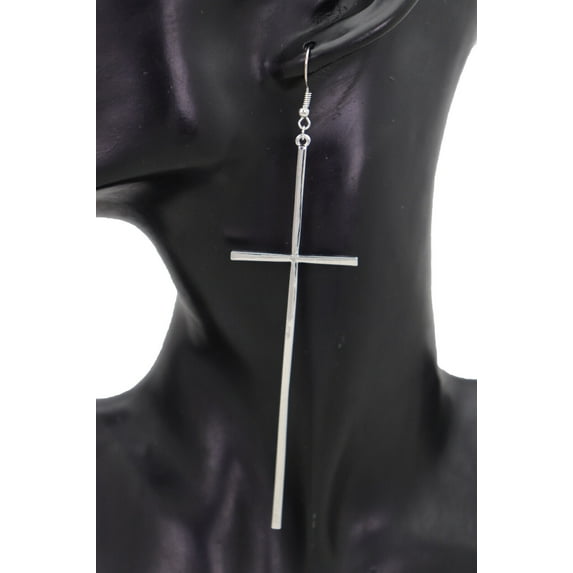 Women Large Silver Metal Big Cross Earrings Set Cool Fashion Religious Jewelry