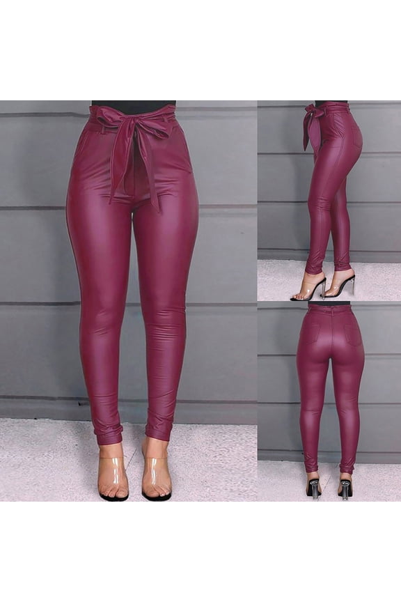 Women Large Size High Waisted Slim Leather Pants Casual Stretch Trousers Waist Slim Legging Leather Bike Pants Leather Yoga Pants for Women Dress Leggings for Women Leather Pants Women High Waist