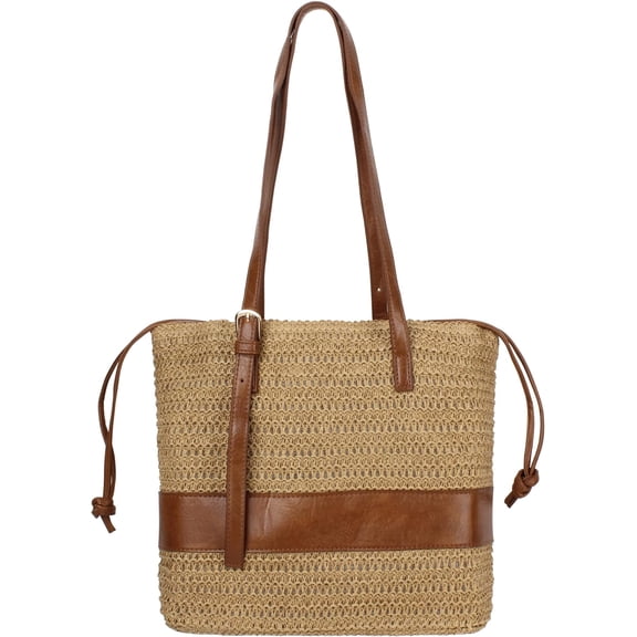 Women Large Straw Woven Shoulder Bag Drawstring Tote Top-handle Bag