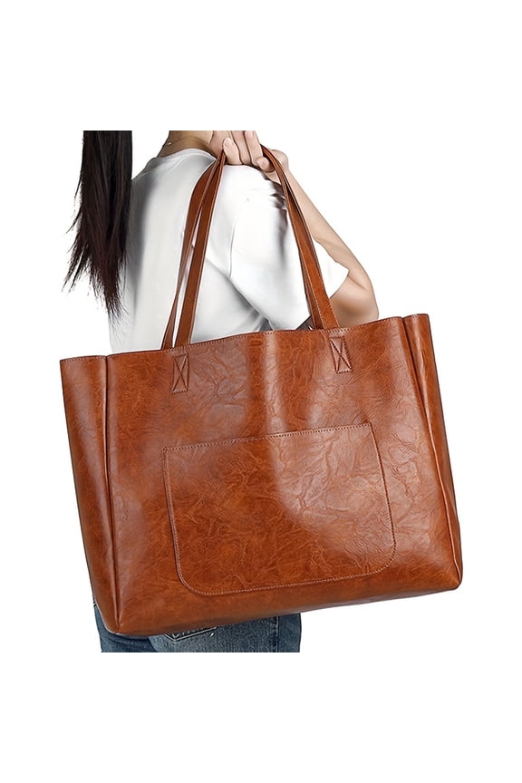 Large Capacity Vintage PU Leather Tote for Women Office Everyday Handbag(Yellow Brown )