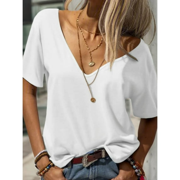 Women Large V-Neck Short Sleeve Bottoming Shirt