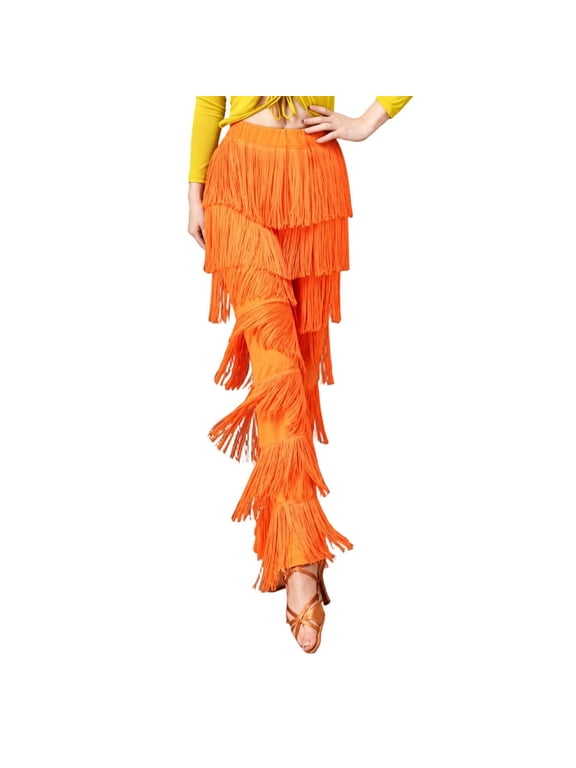 Women Latin Dance Pants Tassels Fringe Ballroom Tango Salsa Elastic Waist Practice Performance Trousers