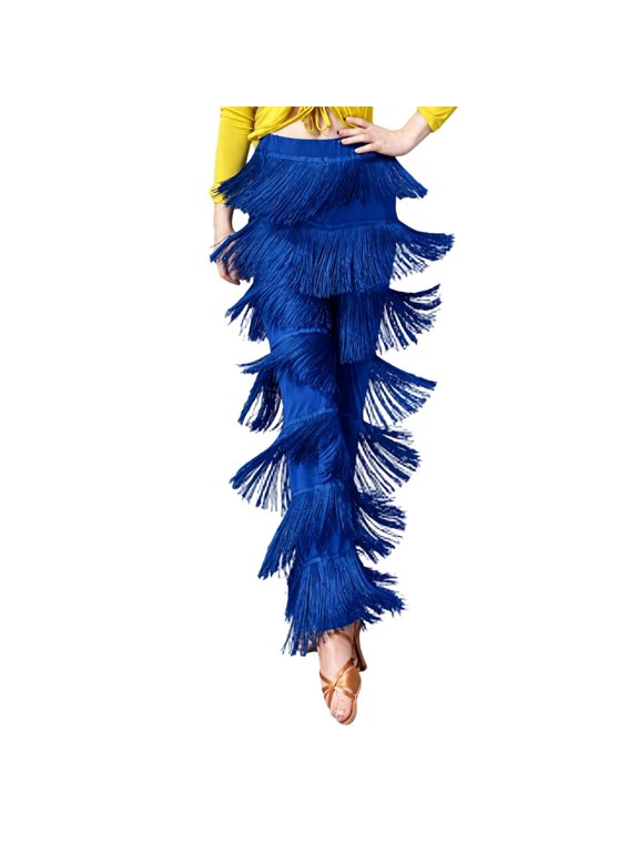 Women Latin Dance Pants Tassels Fringe Ballroom Tango Salsa Elastic Waist Practice Performance Trousers