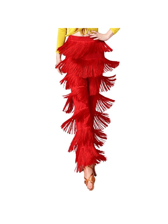 Women Latin Dance Pants Tassels Fringe Ballroom Tango Salsa Elastic Waist Practice Performance Trousers
