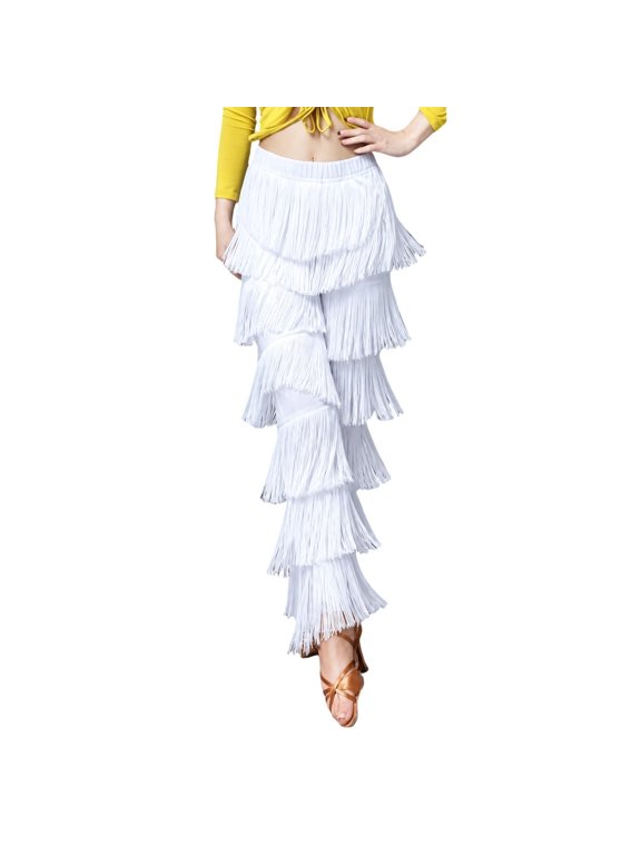 Women Latin Dance Pants Tassels Fringe Ballroom Tango Salsa Elastic Waist Practice Performance Trousers