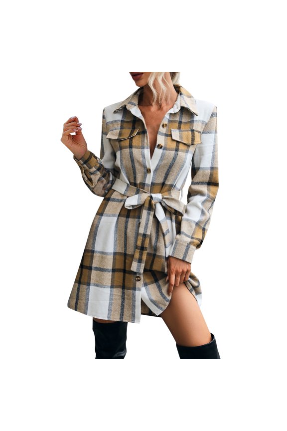 Women Lattice Print Long Sleeve Single Button Front Style Long Coat winter clothing for women