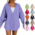 thumbnail image 1 of Women Lavender Longline Full Zip Hoodie with Kangaroo Pocket and Drop Shoulder Casual Sweatshirt Mini Dress, 1 of 9