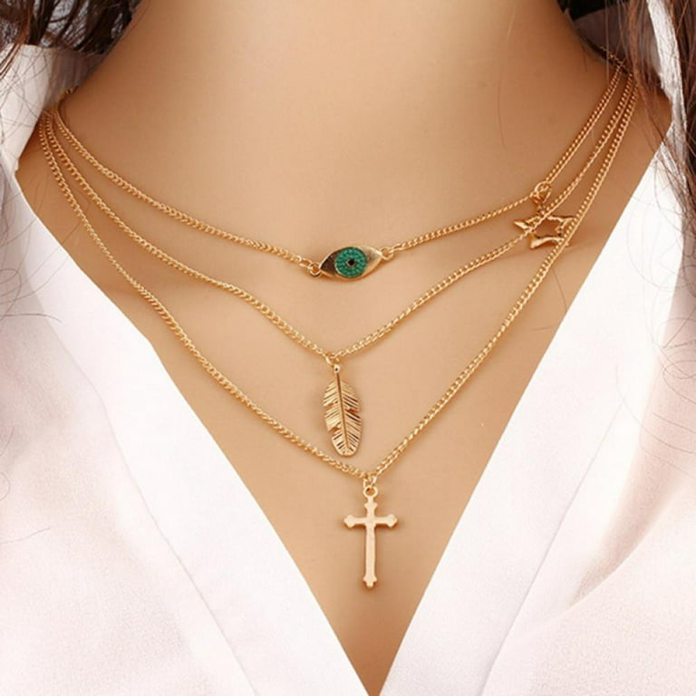 Women Layered Choker Necklace,Gold Plated Cross Pendant Multilayer Bar Layering  Necklaces 