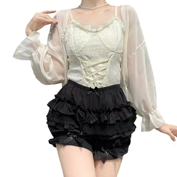 Women Layered Ruffle Lace Bloomers Pumpkin Shorts Japanese JK Girl Cute Bowknot Cake Safety Short Pant Frilly Knickers