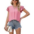 thumbnail image 1 of Women Layered Ruffle Sleeve Top Casual V Neck Plain Color Dressy Summer Pullover Blouse Pink L, 1 of 6