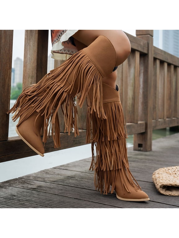 Women Layered Tassel Fringe Knee‑High Cowboy Boots, Faux‑Suede Pointed Toe Chunky Heel Western Boots, Party Concert Fashion Tall Boots