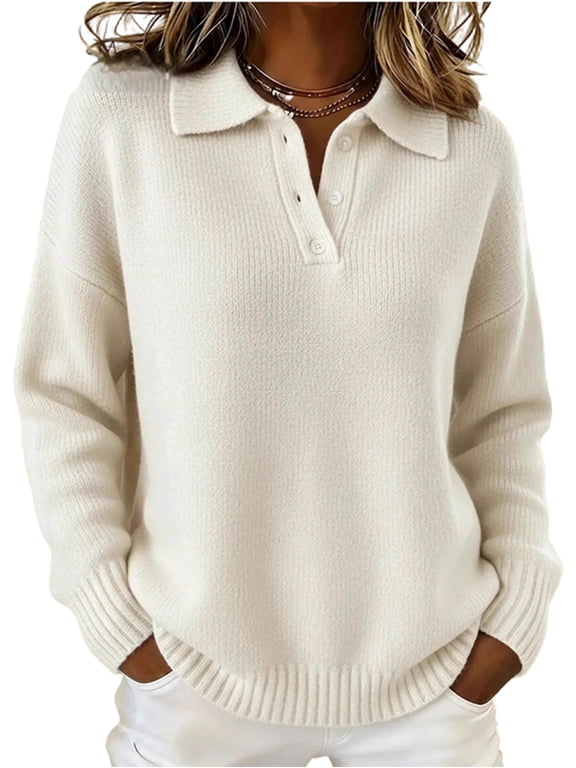 Women Lazy Oversized Soft Lapel Half Henley Button Placket Long Sleeve Loose Knit Pullover Sweater Milky White M