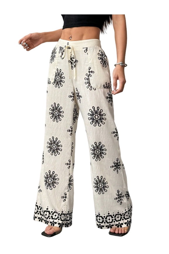 Women Lazy Style Printed Wide Leg Pants Elastic High Waist Side Pockets Loose Fit Casual Trousers Cream White L