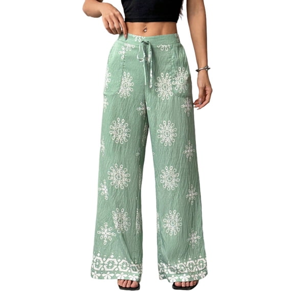 Women Lazy Style Printed Wide Leg Pants Elastic High Waist Side Pockets Loose Fit Casual Trousers Flower Color L