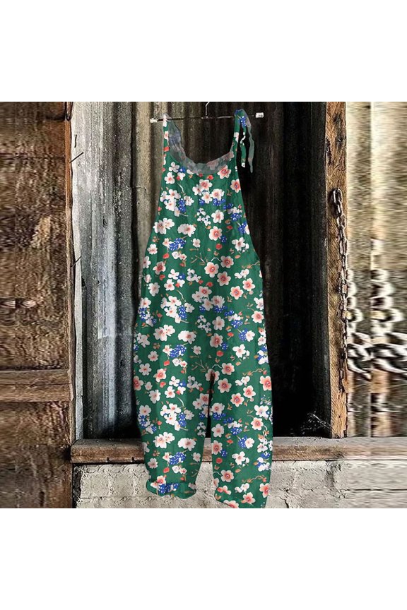 Women Leaf Print Bib Overalls Loose Fit Bohemian Wide Leg Jumpsuit With Pockets Green 4XL