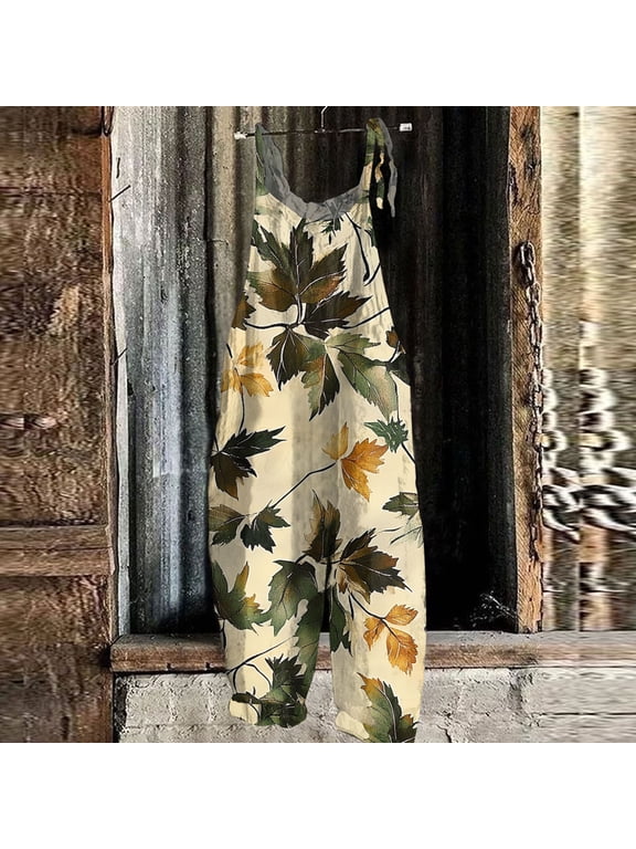 Women Leaf Print Bib Overalls Loose Fit Bohemian Wide Leg Jumpsuit With Pockets Yellow 2XL