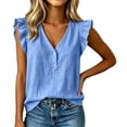 thumbnail image 1 of Women Leaf Shaped V Neck Top Solid Color Casual Summer Blouse with Ruffled Detail,Blue,L, 1 of 3