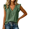 thumbnail image 1 of Women Leaf Shaped V Neck Top Solid Color Casual Summer Blouse with Ruffled Trim Detail,Green,M, 1 of 3