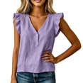 thumbnail image 1 of Women Leaf Shaped V Neck Top Solid Color Casual Summer Blouse with Ruffled Detail,Purple,3XL, 1 of 3