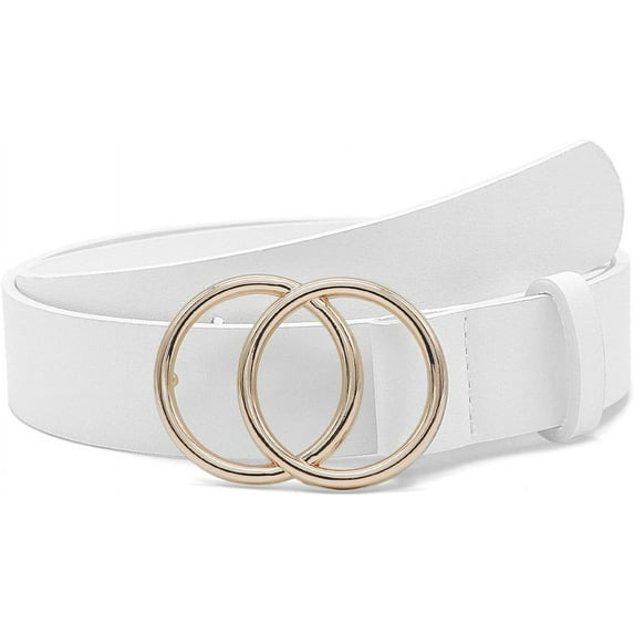 Women Leather Belt Fashion Double O-Ring Soft Faux Leather Waist Belts For Jeans Dress