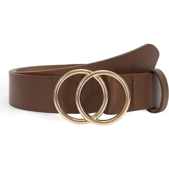 Women Leather Belt Fashion Double O-Ring Soft Faux Leather Waist Belts For Jeans Dress