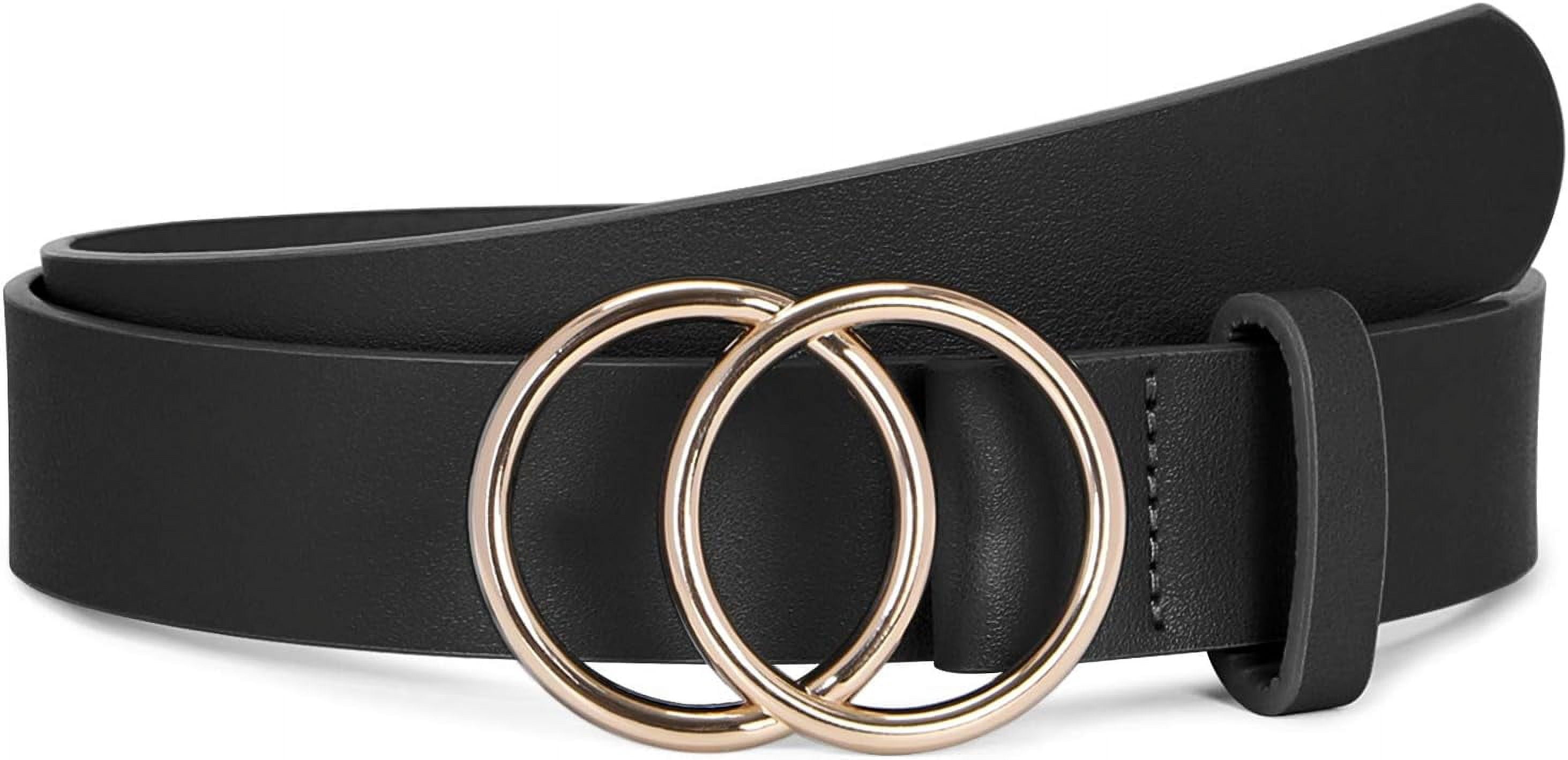 Women Leather Belt Fashion Double O-Ring Soft Faux Leather 