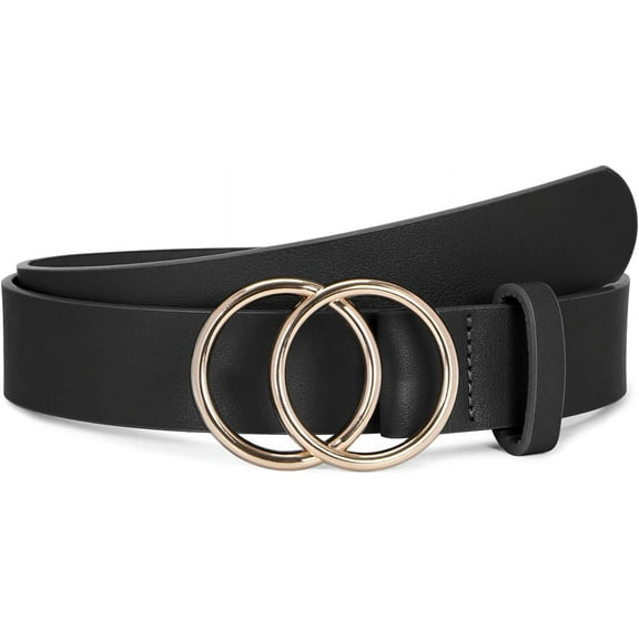 Women Leather Belt Fashion Double O-Ring Soft Faux Leather Waist Belts For Jeans Dress