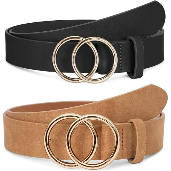 Women Leather Belt Fashion Double O-Ring Soft Faux Leather Waist Belts For Jeans Dress