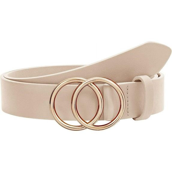 Women Leather Belt Fashion Double O-Ring Soft Faux Leather Waist Belts For Jeans Dress