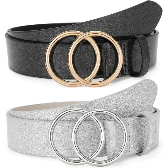 Women Leather Belt Fashion Double O-Ring Soft Faux Leather Waist Belts For Jeans Dress