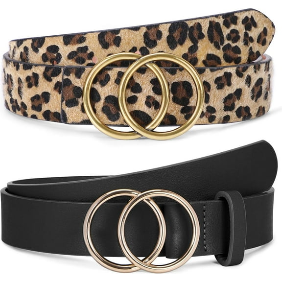 Women Leather Belt Fashion Double O-Ring Soft Faux Leather Waist Belts For Jeans Dress