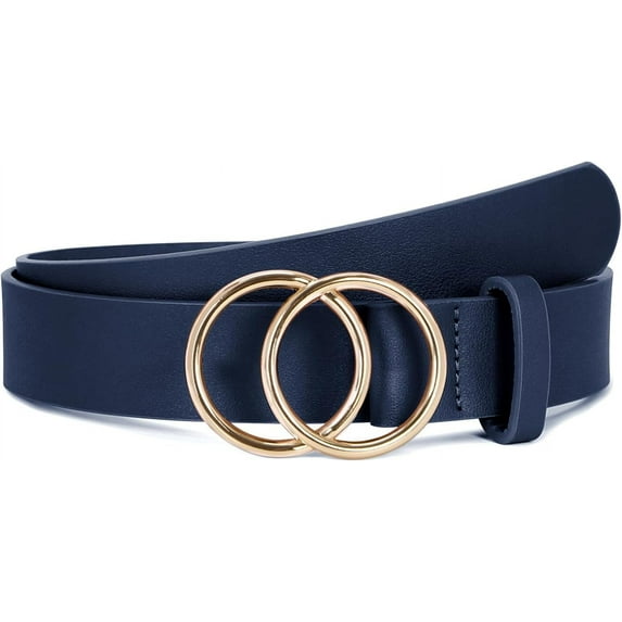 Women Leather Belt Fashion Double O-Ring Soft Faux Leather Waist Belts For Jeans Dress