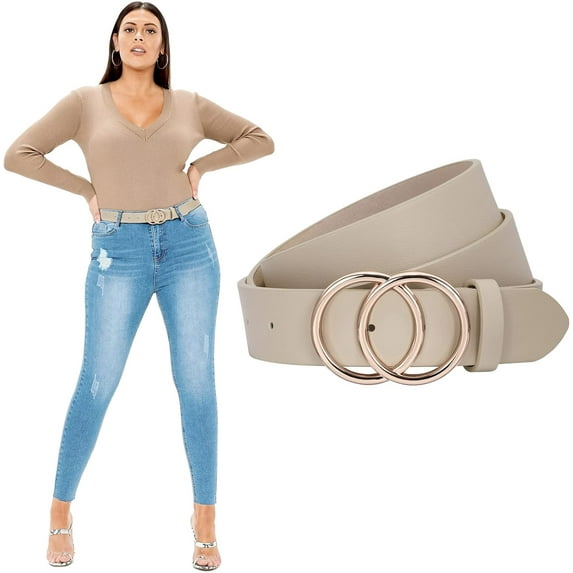 Women Leather Belt Plus Size PU Leather Waist Belt for Jeans Pants with Double O Ring
