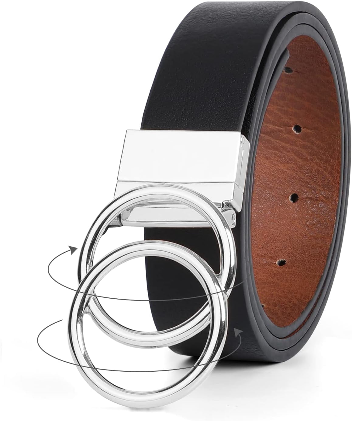 Faux Leather Reversible Belt with Gold Double O Ring Rotate Buckle - Women\'s Women Leather Belt, Reversible Belt, Leather Waist Belt for  main image 2