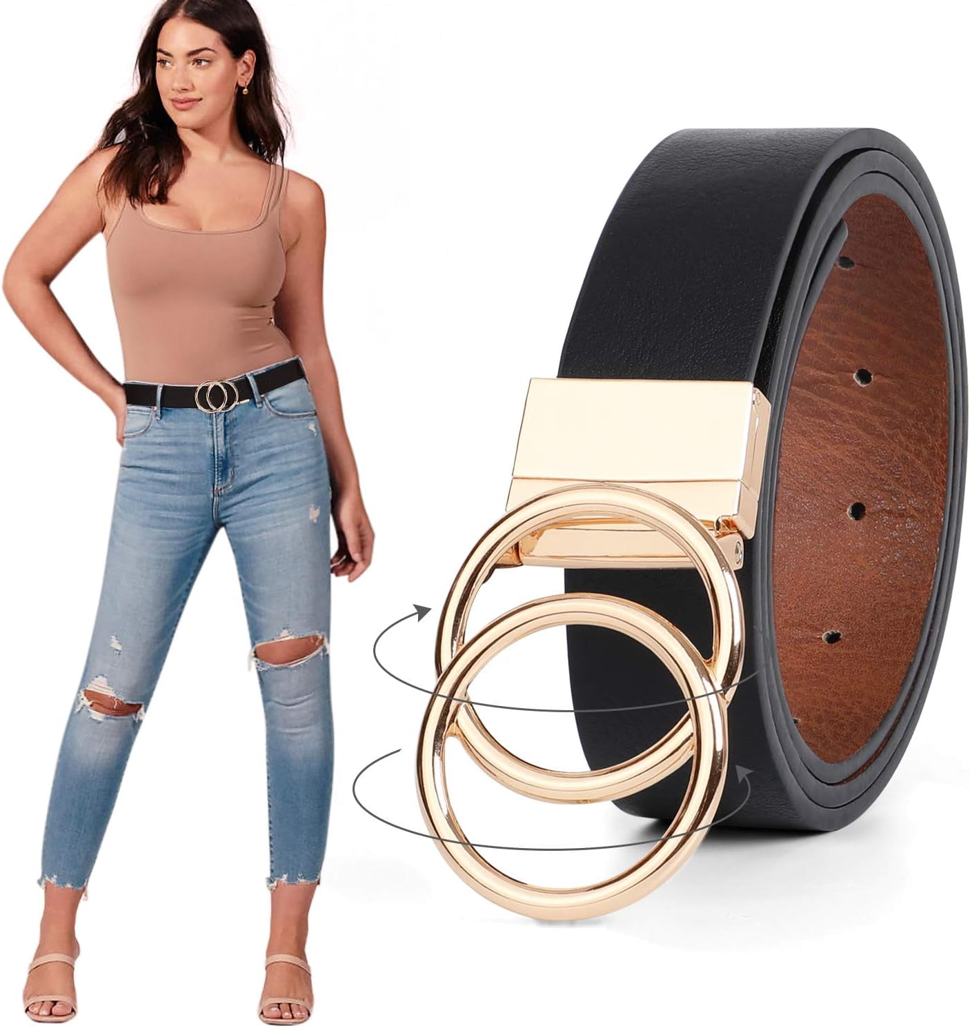Faux Leather Reversible Belt with Gold Double O Ring Rotate Buckle - Women\'s il_fullxfull.6015422398_57l0.jpg main image 2