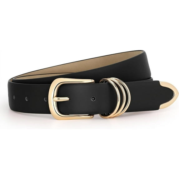 Women Leather Belt with Gold Buckle Ladies Faux Leather Belt for Jeans Pants