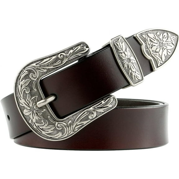 Women Leather Belts Ladies Vintage Western Design Black Waist Belt for Pants Jeans Dresses