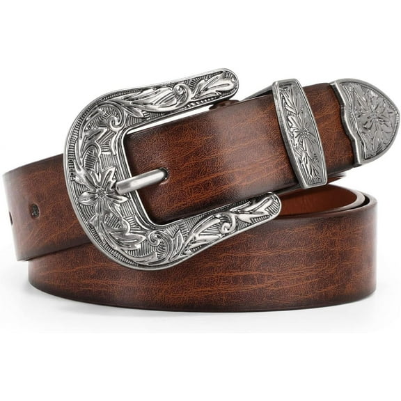 Women Leather Belts Ladies Vintage Western Design Black Waist Belt for Pants Jeans Dresses