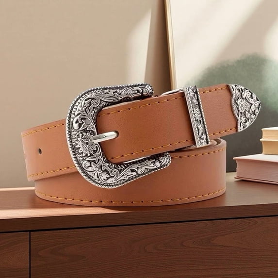 Women Leather Belts Ladies Vintage Western Design Waist Belt for Pants Jeans Dresses,108cm,Orange