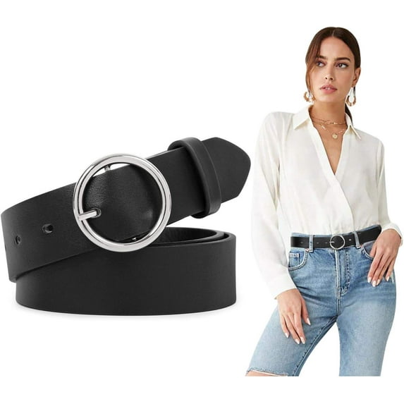 Women Leather Belts,Plus Size Fashion Soft Faux Leather Jeans Belts with O-Ring Buckle