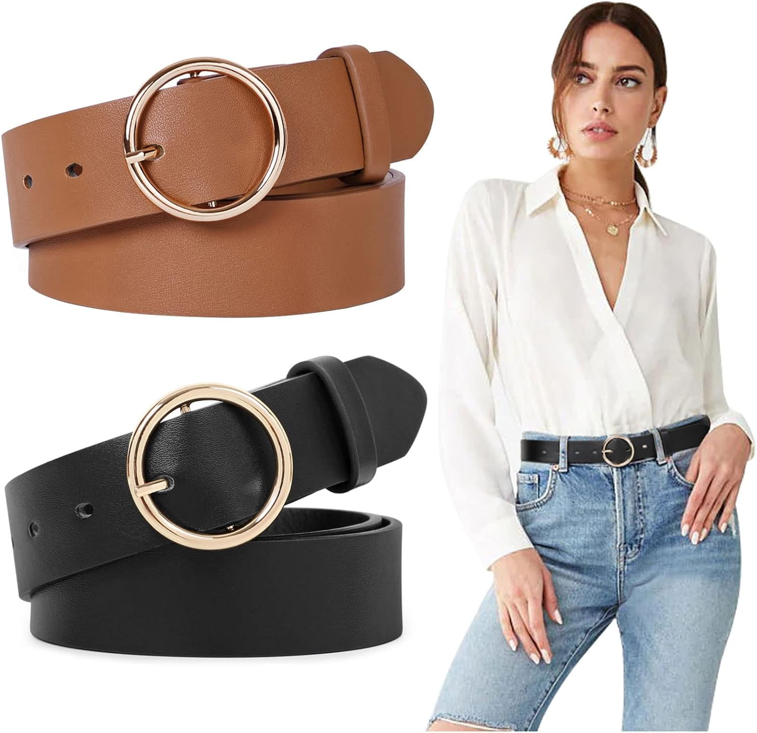 Women’s Leather Ring Belt for Jean, Mothers Day Gifts Double Circle Buckle Belts Double Ring Belt for Women, Faux Leather Jeans Belts with  main image 4