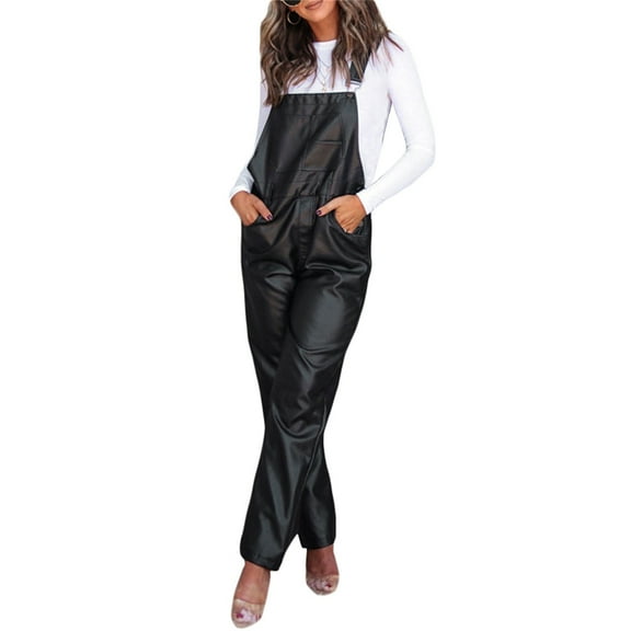 Women Leather Bib Overalls Solid Color Loose Casual Sleeveless Cargo Straight Leg Jumpsuit Romper With Pockets