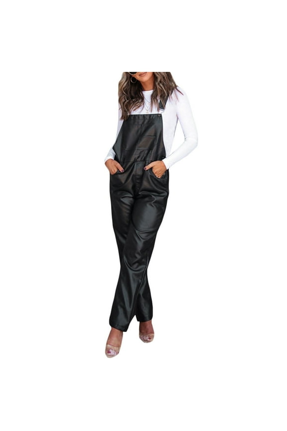 Women Leather Bib Overalls Solid Color Loose Casual Sleeveless Cargo Straight Leg Jumpsuit Romper With Pockets