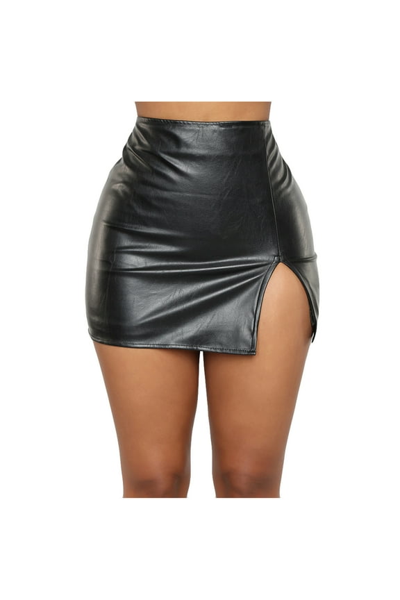 Women Leather Bodycon Short Skirt High Waisted Stretchy Asymmetrical Split Hem Hip Wrap Mini Skirt