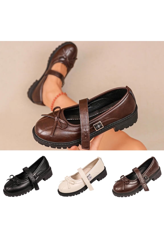Women Leather Bow Single Strap Mary Jane Loafers Round Toe Low Chunky Platform Heel Shoes for Campus, Dinner Date & Multi Occasion Brown 9.5(43)