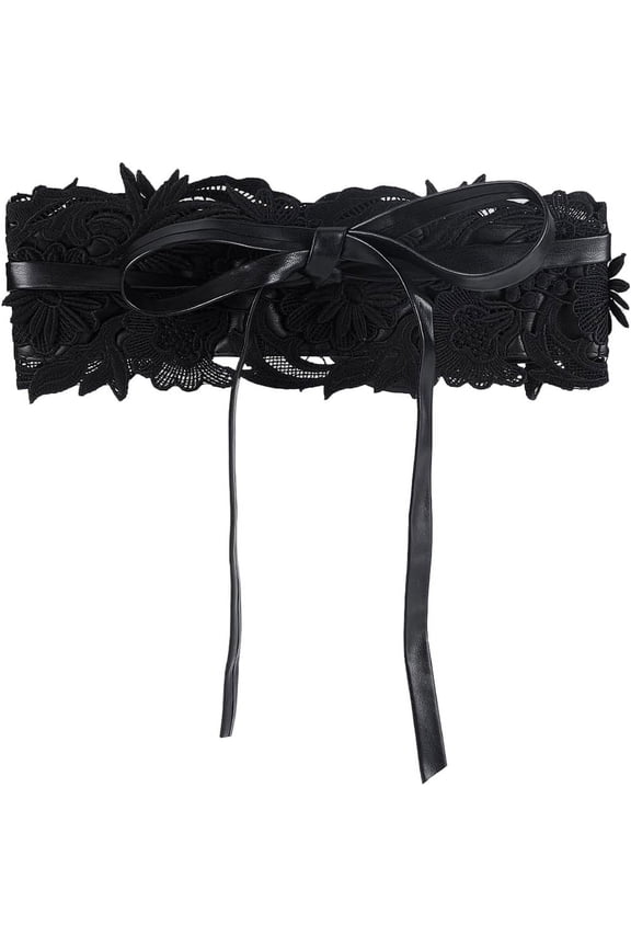 Women Leather Bowknot Waist Belt Corset Waist Strap Cummerbund Waist Band Tie Wrap Around OBI Waist Band Wide Band for Dress Accessory Costume Vintage Party Black
