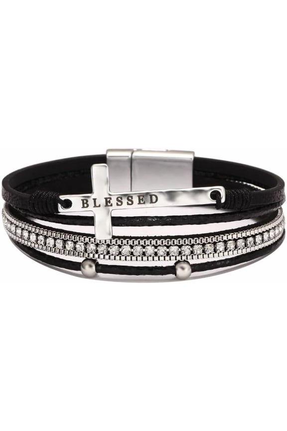 Women Leather Cross Bracelet Multi-Layer Braided Faith Blessed Bracelet Religious Wristband Father's Day Birthday Jewelry Gifts for Men 7.5" Stainless Steel Buckle Bangle