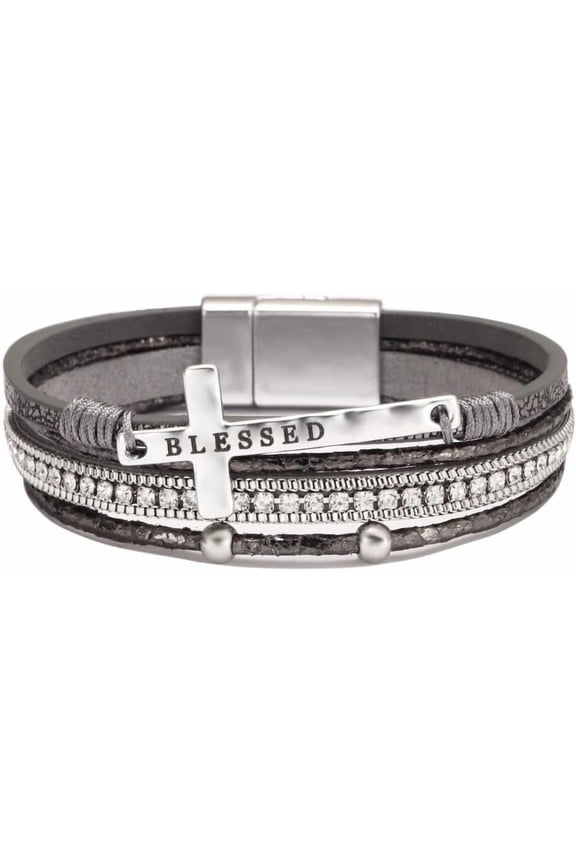 Women Leather Cross Bracelet Multi-Layer Braided Faith Blessed Bracelet Religious Wristband Father's Day Birthday Jewelry Gifts for Men 7.5" Stainless Steel Buckle Bangle
