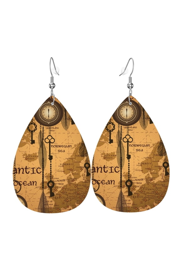 Women Leather Earrings Leaf Dangle Drop Teardrop Gift Lightweight, Antique World Map Clocks Old