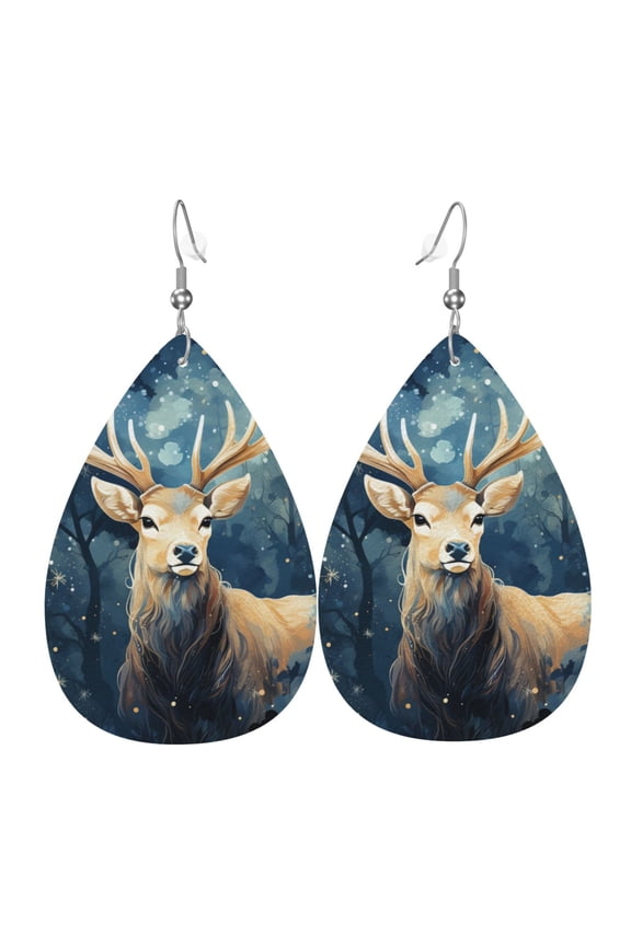 Women Leather Earrings Leaf Dangle Drop Teardrop Gift Lightweight, Antler Whitetail Deer Hunting Art